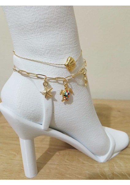 Kadın Çelik Halhal Seti 2’li – Deniz Kabuğu, Renkli Kaplumbağa ve Deniz Yıldızı Detaylı