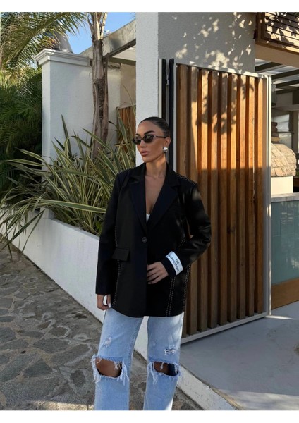 Kadın Siyah Dikiş Detaylı Oversize Blazer Ceket