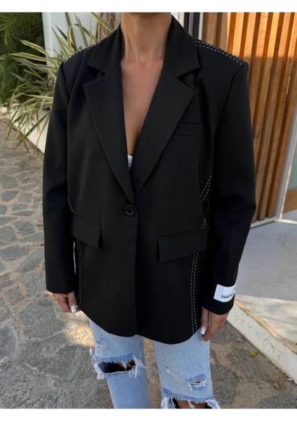 Kadın Siyah Dikiş Detaylı Oversize Blazer Ceket modelleri