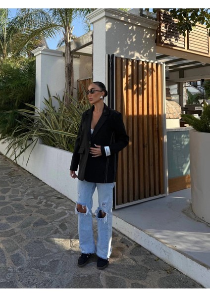Kadın Siyah Dikiş Detaylı Oversize Blazer Ceket indirimleri