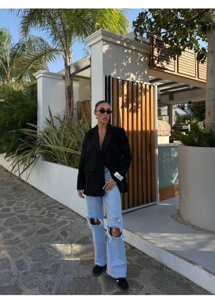 Kadın Siyah Dikiş Detaylı Oversize Blazer Ceket