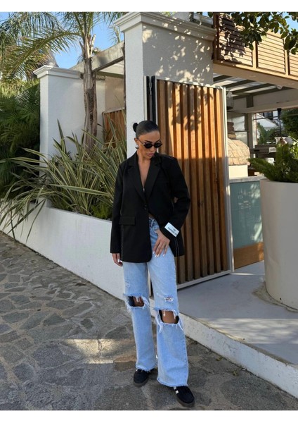 Kadın Siyah Dikiş Detaylı Oversize Blazer Ceket