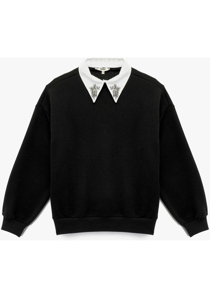Üç Iplik Uzun Kollu Taş Detaylı Gömlek Yaka Sweatshirt