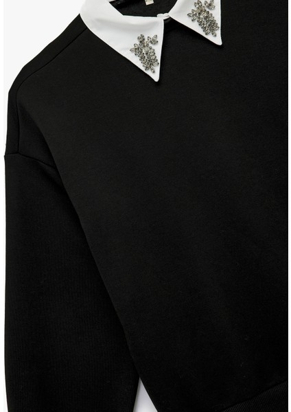 Üç Iplik Uzun Kollu Taş Detaylı Gömlek Yaka Sweatshirt modelleri