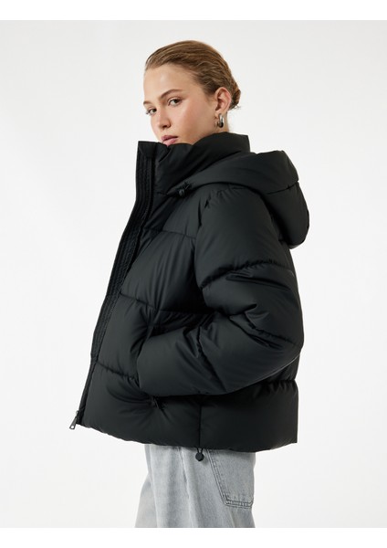 Polar Cep Detaylı Fermuarlı Uzun Kollu Kapüşonlu Crop Şişme Mont