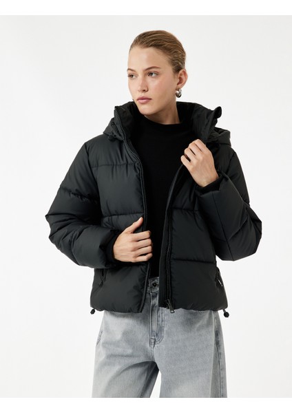 Polar Cep Detaylı Fermuarlı Uzun Kollu Kapüşonlu Crop Şişme Mont fiyatları