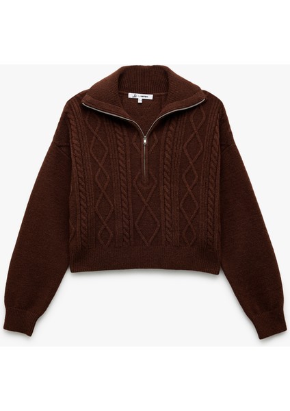 Yarım Fermuarlı Yaka Uzun Kollu Saç Örgü Dokulu Triko Kazak modelleri