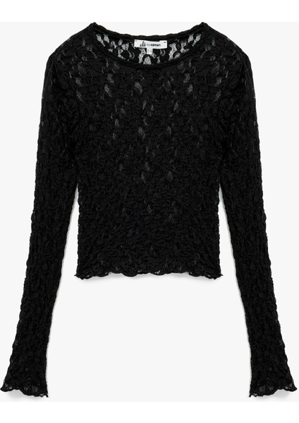 Slim Fit Uzun Kollu Bisiklet Yaka Dantel Bluz