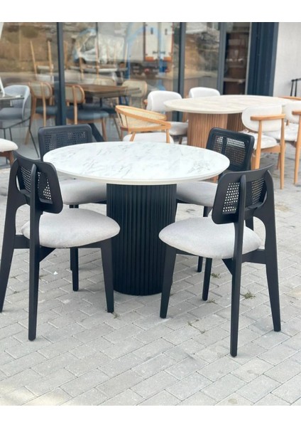 Ahşap Bohem Hasırlı Siyah 4 Adet Zion Sandalye 100 cm Yuvarlak Masa Takımı