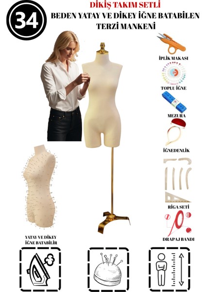 Dikiş Takım Setli - 34 Beden Pantolon Giyebilen Iğne Batabilen Terzi Mankeni – Prova Tasarım Mankeni