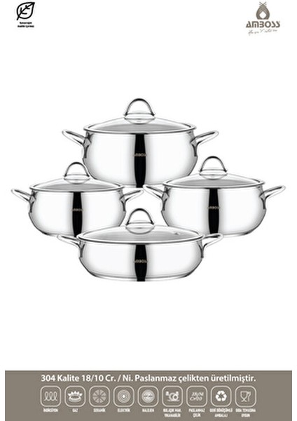 İndüksiyon Uyumlu 8 Parça Çelik Tencere Seti 24 cm Cam Kapaklı Derin Tencereler fiyatları