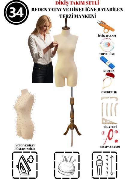 Dikiş Takım Setli - 34 Beden Pantolon Giyebilen Iğne Batabilen Terzi Mankeni – Prova Tasarım Mankeni