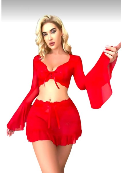 Kadın Kırmızı Gecelik Yarasa Kol Pileli Mini Etek Bağcıklı Tangalı Iç Giyim Fantezi Iç Çamaşırı Seksi Erotik Şık Tasarım fırsatları