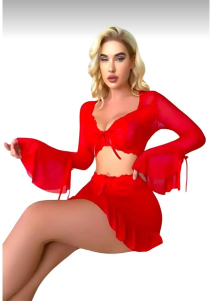 Kadın Kırmızı Gecelik Yarasa Kol Pileli Mini Etek Bağcıklı Tangalı Iç Giyim Fantezi Iç Çamaşırı Seksi Erotik Şık Tasarım indirimleri