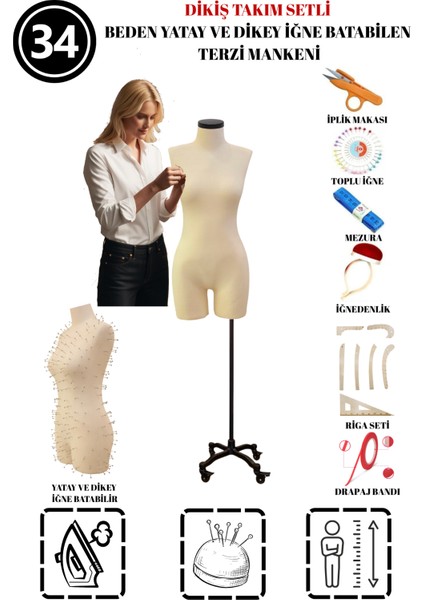 Dikiş Takım Setli - 34 Beden Pantolon Giyebilen Iğne Batabilen Terzi Mankeni – Prova Tasarım Mankeni