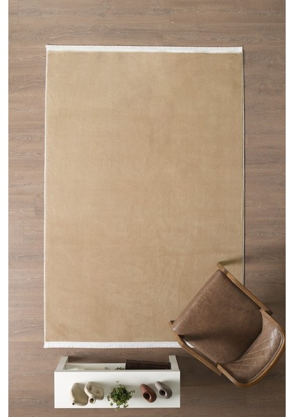 Modern Saçaklı Kaymaz Taban Tavşan Tüyü Kolay Temizlenebilir Yıkanabilir Salon Oturma Odası Yolluk Mutfak Halısı Bej Renk