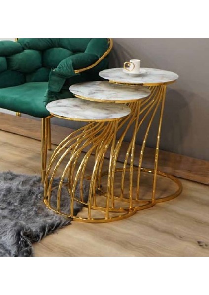 Mim Beyaz Mermer - Gold Kobra Zigon Sehpa