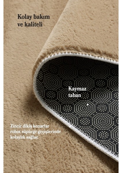 Modern Saçaklı Kaymaz Taban Tavşan Tüyü Kolay Temizlenebilir Yıkanabilir Salon Oturma Odası Yolluk Mutfak Halısı Bej Renk modelleri