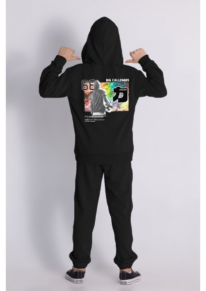 Erkek Çocuk Kapüşonlu Eşofman Takımı Ön ve Sırt Baskılı Cepli Rahat Kalıp fiyatları