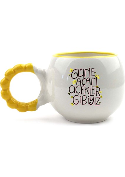 Güne Açan Çiçekler Gibiyiz El Yapımı Krem Parlak Puf Kupa - El Işçiliği Hediyelik Kupa Bardak Mug
