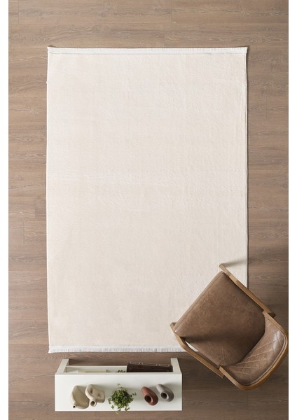 Modern Saçaklı Kaymaz Taban Tavşan Tüyü Kolay Temizlenebilir Yıkanabilir Salon Oturma Odası Yolluk Mutfak Halısı Krem Renk