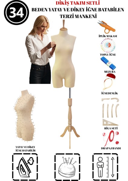 Dikiş Takım Setli - 34 Beden Pantolon Giyebilen Iğne Batabilen Terzi Mankeni – Prova Tasarım Mankeni