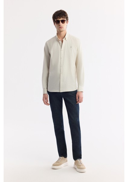 Erkek Bej Düğmeli Yaka Hediye Kutulu %100 Pamuk Basic Regular Fit Gömlek B002034