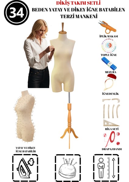 Dikiş Takım Setli - 34 Beden Pantolon Giyebilen Iğne Batabilen Terzi Mankeni – Prova Tasarım Mankeni