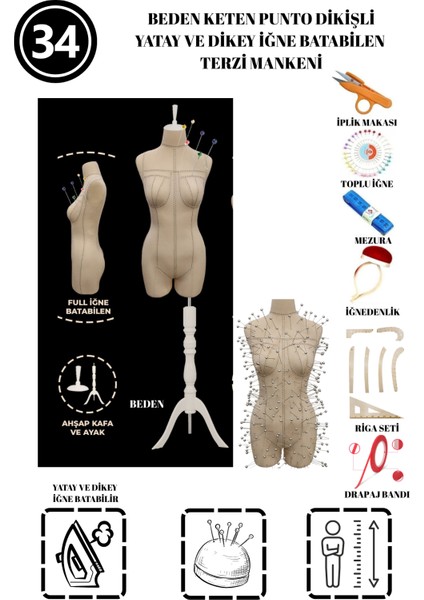 Dikiş Takım Setli - Özel Punto Kumaş - 34 Beden Pantolon Giyebilen Iğne Batabilen Terzi Mankeni