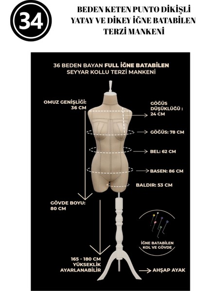 Dikiş Takım Setli - Özel Punto Kumaş - 34 Beden Pantolon Giyebilen Iğne Batabilen Terzi Mankeni fiyatları