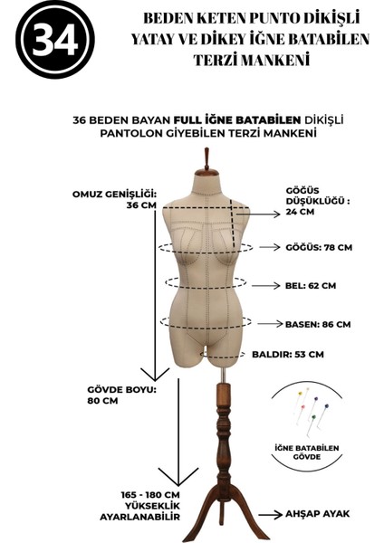 Dikiş Takım Setli - Özel Punto Kumaş - 34 Beden Pantolon Giyebilen Iğne Batabilen Terzi Mankeni fiyatları