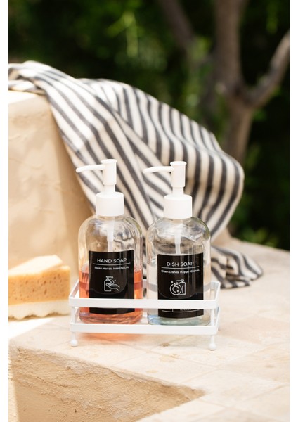 Black Beyaz Metal Kare Stantlı 2'li Sıvı Sabunluk Seti 420 cc