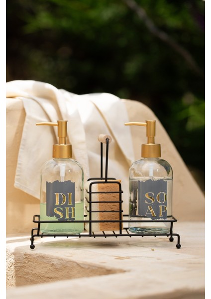 Alaska Siyah Metal Ahşap Kulplu Stand 2'li Sıvı Sabunluk Seti 420 cc