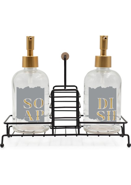 Alaska Siyah Metal Ahşap Kulplu Stand 2'li Sıvı Sabunluk Seti 420 cc fırsatları