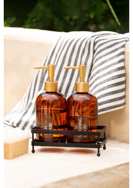 Neo Siyah Metal Kare Stantlı 2'li Sıvı Sabunluk Seti Amber 420 cc