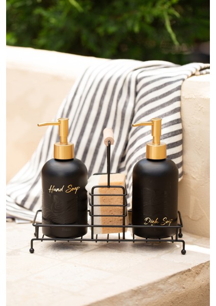 Bright Siyah Metal Ahşap Kulplu Stand 2'li Sıvı Sabunluk Seti Siyah 420 cc