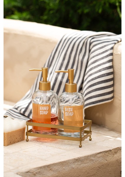 Zen Gold Metal Kare Stantlı 2'li Sıvı Sabunluk Seti 420 cc