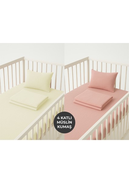2li Set Lastikli 4 Katlı Müslin Bebek Çarşaf + Yastık Kılıfı Pembe Krem Set %100 Pamuk 60X120 Çarşaf fiyatları