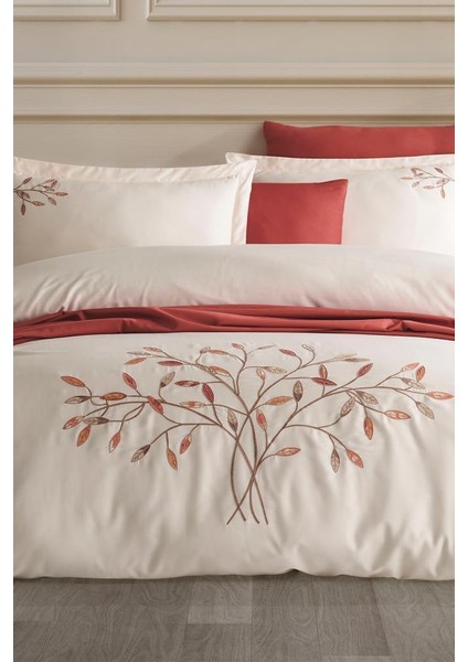 Amor Nakışlı %100 Pamuk Saten Çift Kişilik Nevresim Takımı Şampanya