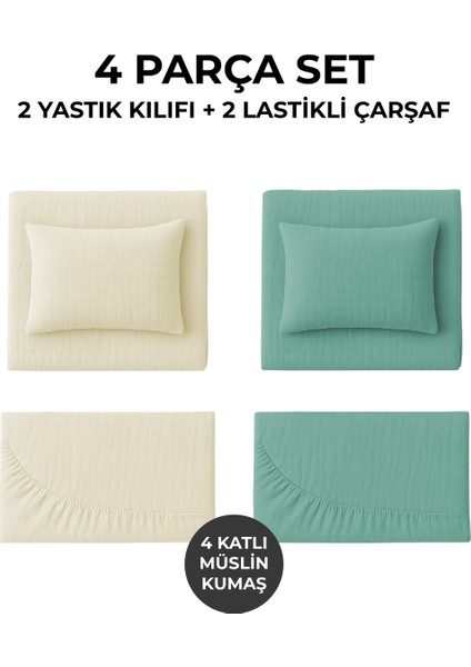 %100 Pamuk Lastikli 4 Katlı Müslin 2li Set Bebek Çarşaf Takımı 60X120 cm Çarşaf Bej Yeşil Renk