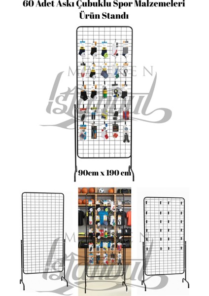 60 Adet Askı Çubuklu Spor Malzemeleri Ürün Standı - 90 x 190 cm Tel Pano Standı