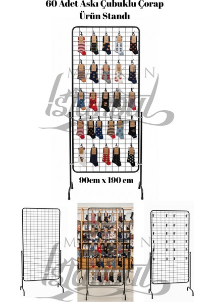 60 Adet Askı Çubuklu Çorap Ürün Standı - 90 x 190 cm Tel Pano Standı