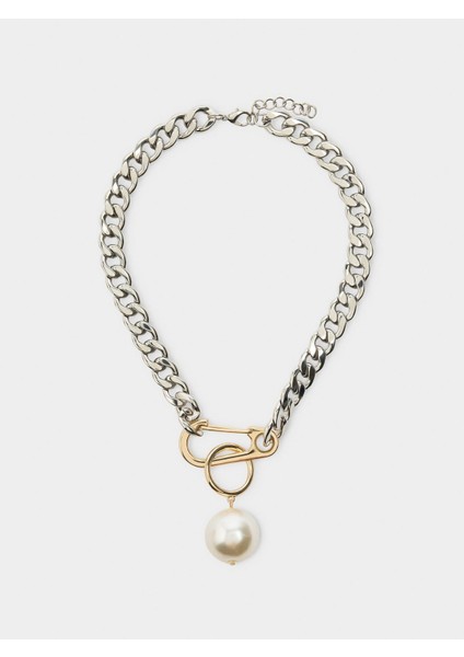 Incili Iki Renkli Kısa Zincir Kolye