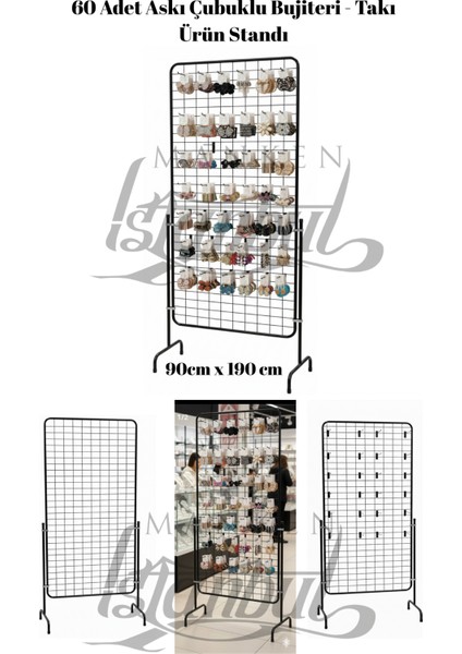 60 Adet Askı Çubuklu Bujiteri - Takı Ürün Standı - 90 x 190 cm Tel Pano Standı