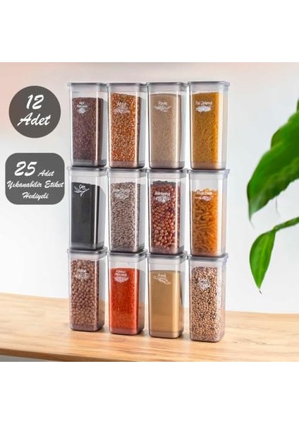 432-GR 12 Li Etiketli Kare Un Erzak Bakliyat Saklama Kabı Takımı 1.90 Lt - Gri modelleri