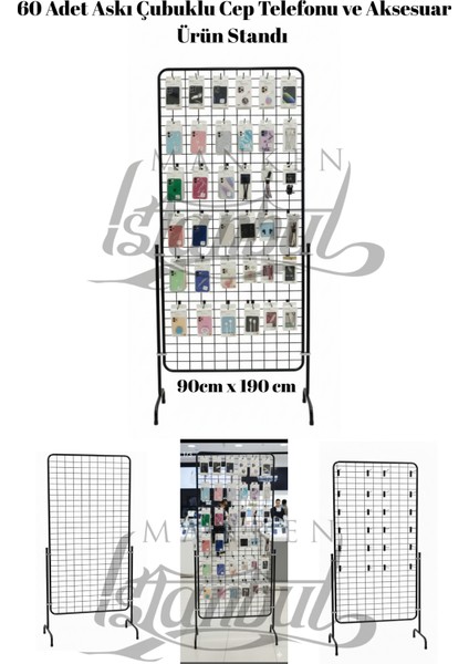 60 Adet Askı Çubuklu Cep Telefonu ve Aksesuar Ürün Standı - 90 x 190 cm Tel Pano Standı