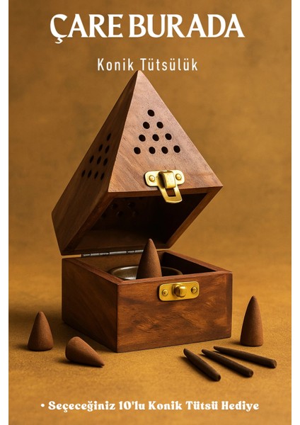 Ahşap Piramit Konik Tütsülük (Seçeceğiniz 10'lu Konik Tütsü Hediye)