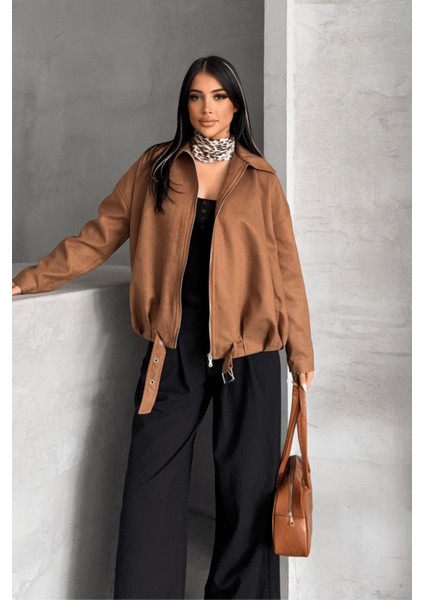Dokuma Süet Kumaş Bomber Ceket - Açık Kahve
