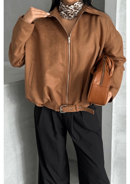 Dokuma Süet Kumaş Bomber Ceket - Açık Kahve modelleri