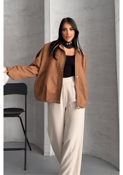 Dokuma Süet Kumaş Apoletli Bomber Ceket - Açık Kahve